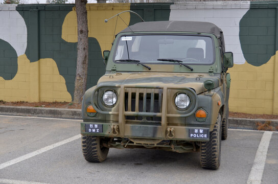 PAJU SOUTH KOREA: DMZ Military police Jeep in South Korea. The Korean Demilitarized Zone is a strip of land in Korean Peninsula serves as a buffer between North and South Korea.