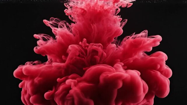 Red ink blooming and swirling in water against a dark background, abstract explosion of color