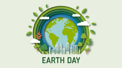 Fototapeta premium Earth day vector illustration of green globe with cityscape rainbow and leaves on light green background