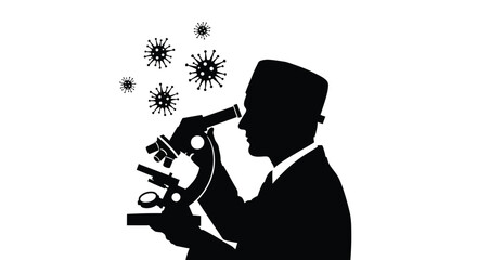 Scientist examining microbes with a microscope a striking black silhouette © Digonto