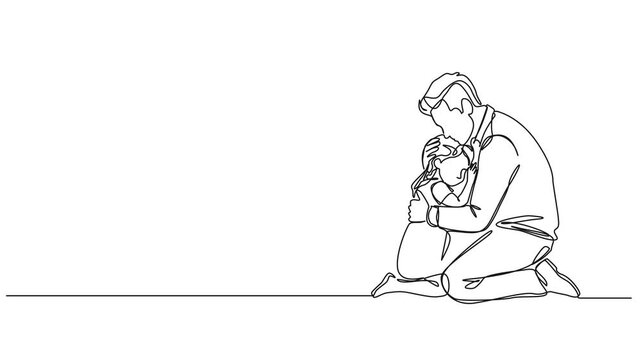 animated continuous line drawing of dad comforting sad young daughter, line art animation