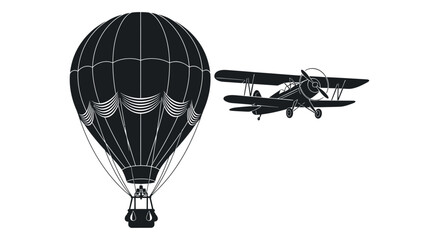 Hot air balloon and biplane fly together in a striking silhouette © Digonto