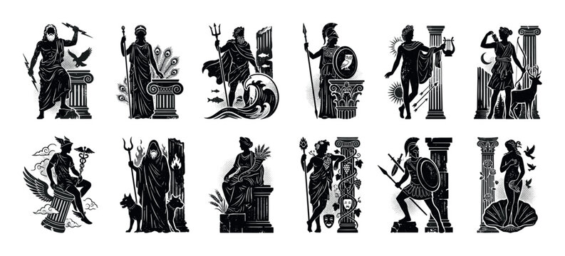 Collection of twelve ancient Greek gods and goddesses depicted as black graphic icons in a distressed, woodcut style with their associated mythological symbols and attributes