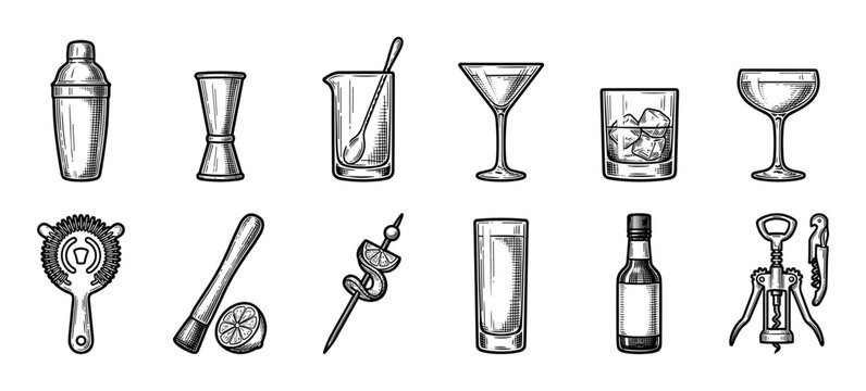 Vintage set of bar tools and cocktail glasses for mixology, including a shaker, jigger, strainer, and muddler, depicted in a classic black and white engraving illustration style