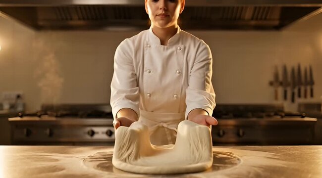 Professional chef shaping dough in a commercial kitchen, ready for baking