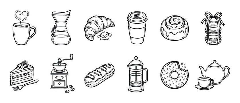 Hand-drawn black and white coffee and dessert icons collection featuring a croissant, donut, cake, macarons, and various brewing equipment like a french press and grinder