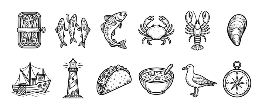 Set of hand-drawn nautical icons featuring seafood like fish, crab, lobster, and maritime symbols including a boat, lighthouse, and compass in a black and white line art style