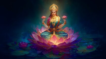 Fototapeta premium Goddess lakshmi sitting on glowing lotus representing prosperity
