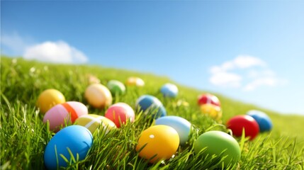 Fototapeta premium Colorfully Painted Easter Eggs on Green Grass