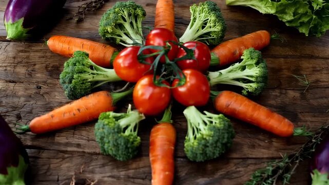 A colorful assortment of fresh vegetables, including carrots, broccoli, tomatoes, and eggplants, artistically arranged in a star pattern on a rustic wooden table.