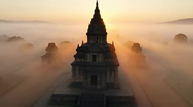 Stunning aerial view of a temple complex shrouded in thick morning fog
