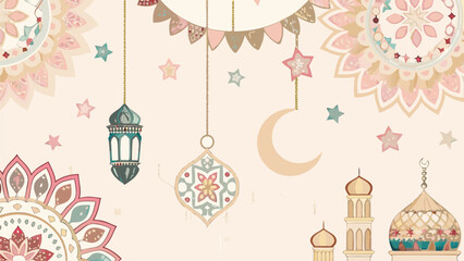 Fototapeta premium Colorful festive decorations with stars, moons, and hanging lanterns
