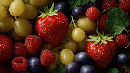 Obraz premium Ripe strawberry raspberry grape blueberry berry leaf close up fresh red yellow purple ripe strawberry cluster of mixed strawberries raspberries