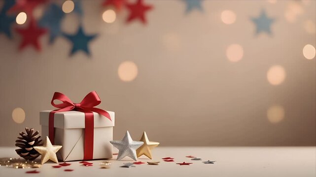 Festive gift box with red ribbon and star decorations for holiday celebration