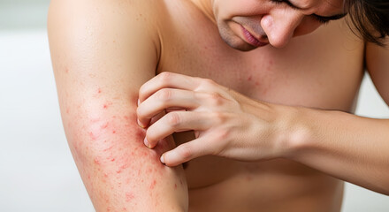 Fototapeta premium Man scratching red irritated skin on arm with rash and bumps irritation itching