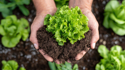 Green lettuce seedling in hands cradling rich soil, nurturing growth and sustainable gardening with earthy warmth
