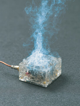 Blue lightning smoke orgone cube emitting electric light and vapor rising