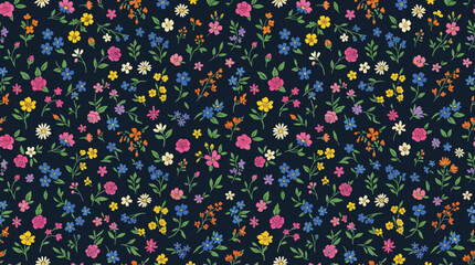Dark navy floral pattern with tiny colorful blossoms on a black background. © Kyle
