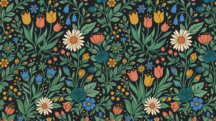 Dense floral pattern with colorful blossoms and leafy foliage on dark background. © Kyle