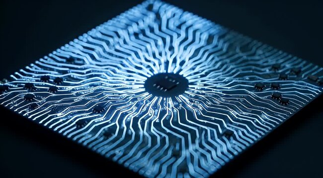 Close up of a quantum computer chip with glowing blue lines