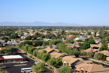 Obraz premium Aerial view of South mountain range, Phoenix downtown, Glendale and Peoria also known as Valley of the Sun, from the top of Vision Hills, Arizona