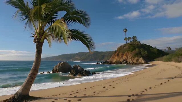 A scenic view of a coastal shoreline along the Pacific Ocean featuring a sandy beach and rocky outcrops in a specific county location