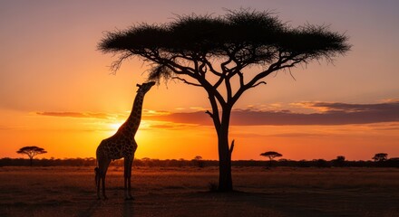 Giraffe feeding on acacia tree at stunning African savannah sunset