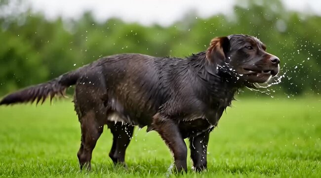 Wet Chocolate Labrador Shaking off Water on a Bright Green Lawn