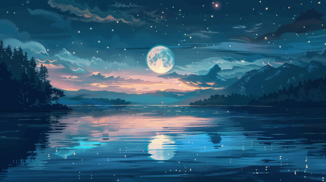 Tranquil night scene with a full moon over water and mountains
