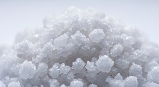 Macro close up shot of sparkling white granular saline salt crystals showing rough texture and purity used widely in cooking and chemistry, chemical, crystalline, preparation