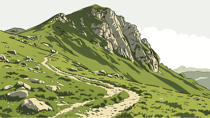 A serene mountain landscape with lush green vegetation and winding trails Vector © RABBY MIA