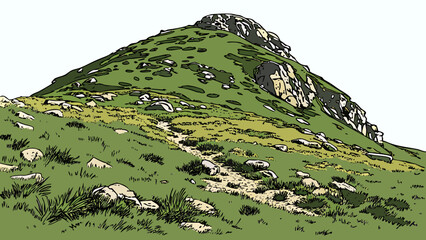 A picturesque mountain landscape with lush green vegetation and rocky terrain Vector © RABBY MIA