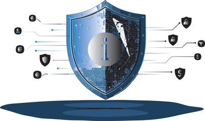 Obraz premium Cyber Security Protection Shield with Digital Data Encryption, Network Privacy, Information Safety and Technology Defense Concept Illustration
