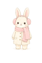 A rabbit with long ears wears a pink scarf and earmuffs. The rabbit stands on a white background in a playful pose. This scene captures the spirit of winter fun