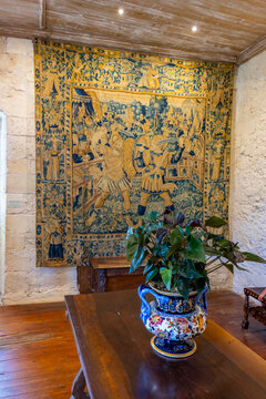 Villandry Chateau interior with historical tapestry and potted plant