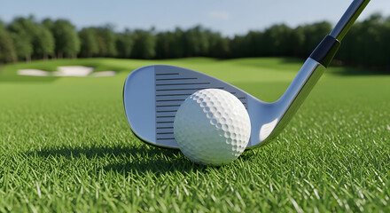 Golf club and ball on a green golf course with trees in the background.