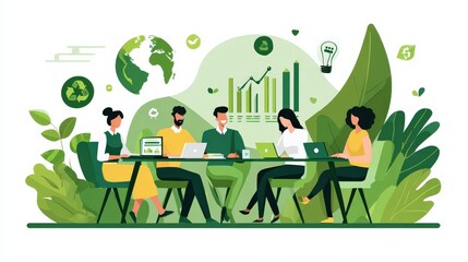 A diverse group collaborates on sustainability projects, surrounded by greenery and eco-friendly symbols, emphasizing teamwork and environmental awareness.