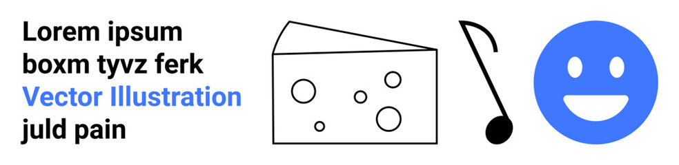 Fototapeta premium Food, music, emotions, minimalism, icons, art design. Cheese wedge, musical note and a smiling face icon. Food and music concept emphasizing emotions and minimalism