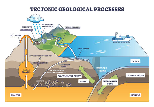 Tectonic geology processes schematic showing plate subduction, magma chamber, and uplift, arrows map rock cycle from erosion to volcanism, transparent background.