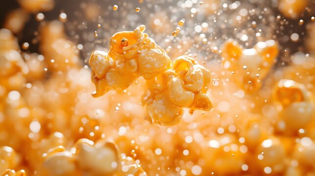 Golden kettle corn popping in slow motion with crispy texture and steam rising against a blurred background of popcorn bursts capturing the satisfying moment of snack preparation.