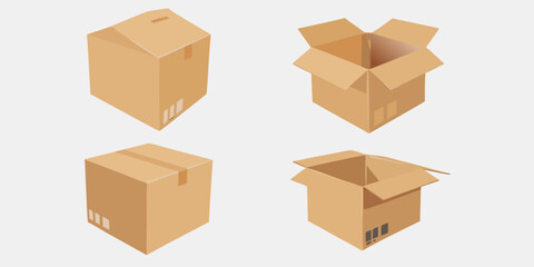 Fototapeta premium Four cardboard boxes in various stages of assembly and disarray