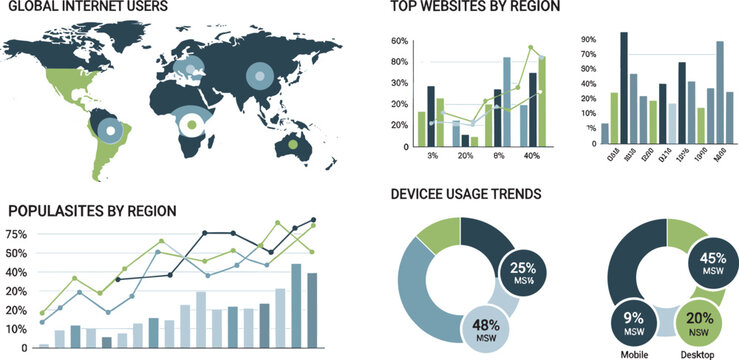 Global Internet Users Analytics Dashboard with World Map Website Traffic Statistics Device Usage Trends Data Visualization