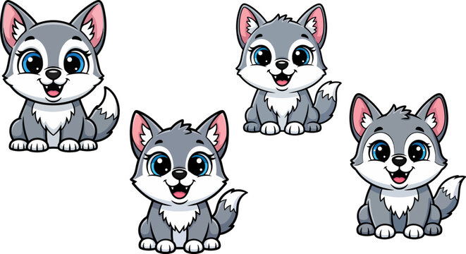 Set of 4 Cute Cartoon Baby Wolf Vector Illustrations
