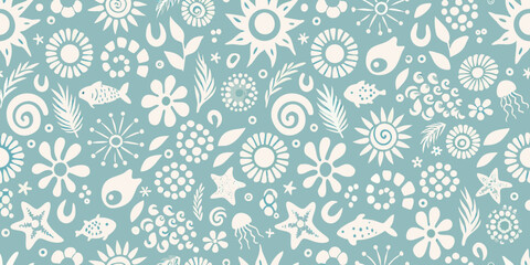 Whimsical seamless pattern featuring white marine life on a teal background © Tusar