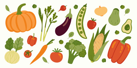 Colorful assortment of fresh vegetables and fruits in a flat design