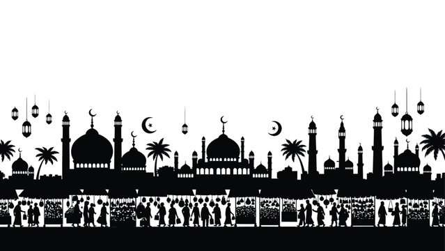 A black silhouette of a mosque with people and palm trees in the background