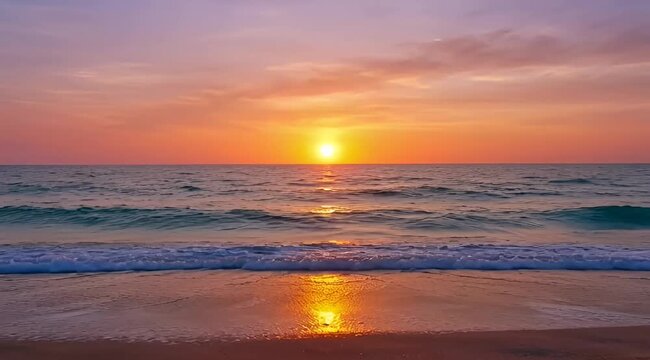 Beautiful golden sunset over ocean horizon, reflections on the wet sand