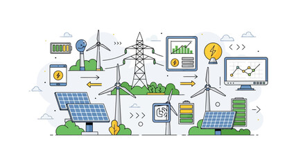 Renewable energy sources depicted in an illustration with solar panels, wind turbines, and a power grid system. © BrandUp