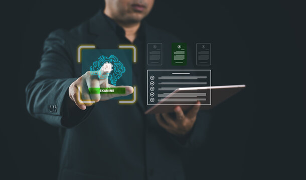 Artificial intelligence reviewing digital documents on virtual interface with checklist and profile data. Concept of AI analysis, automated verification, information evaluation, and smart decision sup