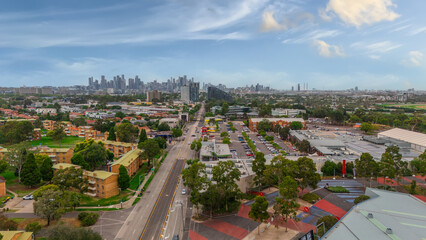 Panoramic Aerial Drone view of Inner Suburbs of Melbourne housing, roof tops, the streets and the parks, the roads and trees of Ascot Vale Moonee Ponds Brunswick Essendon and Maribyrnong in VIC Victor